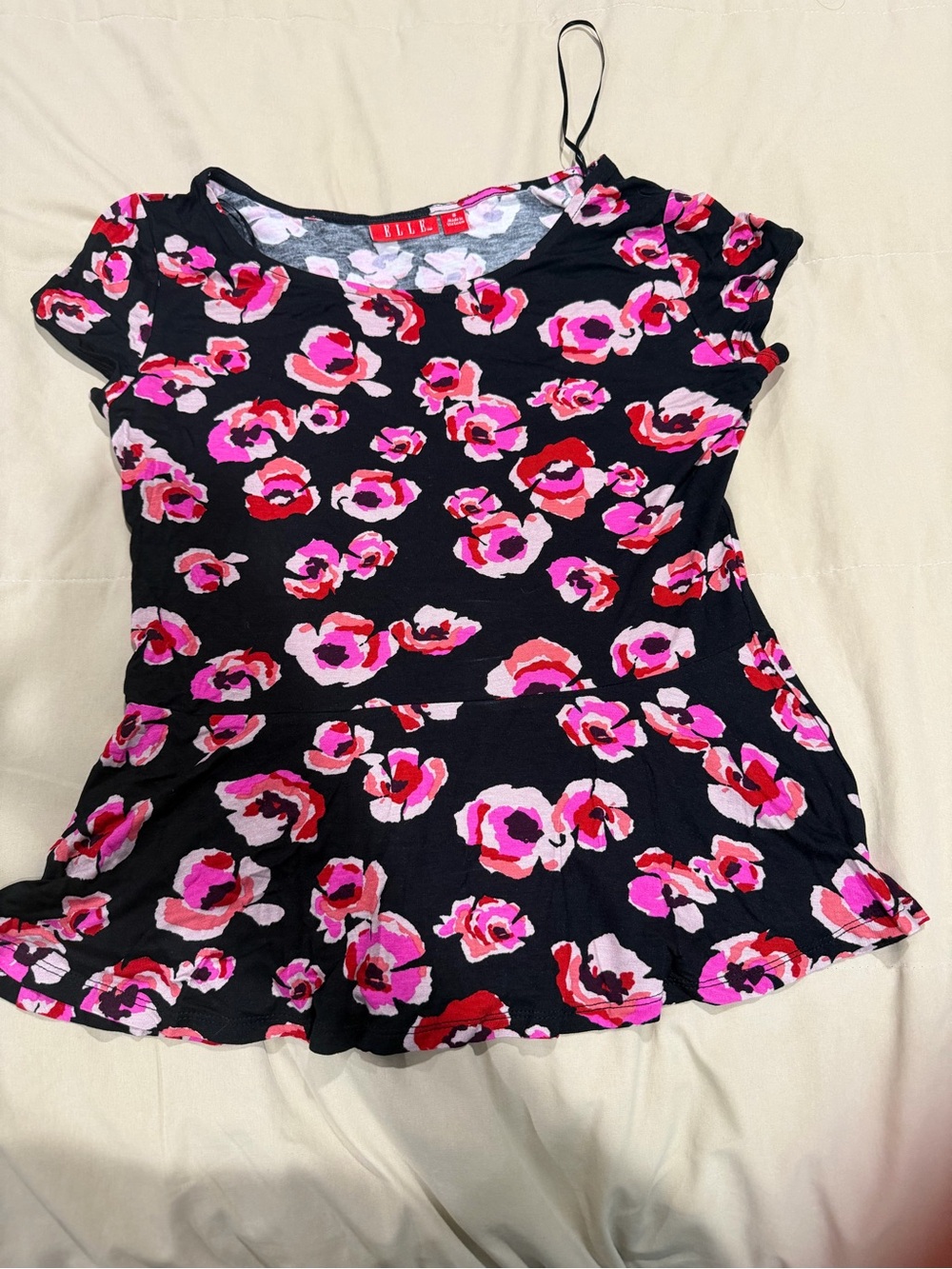 ELLE Black Floral Peplum Top with Pink & Red Accents